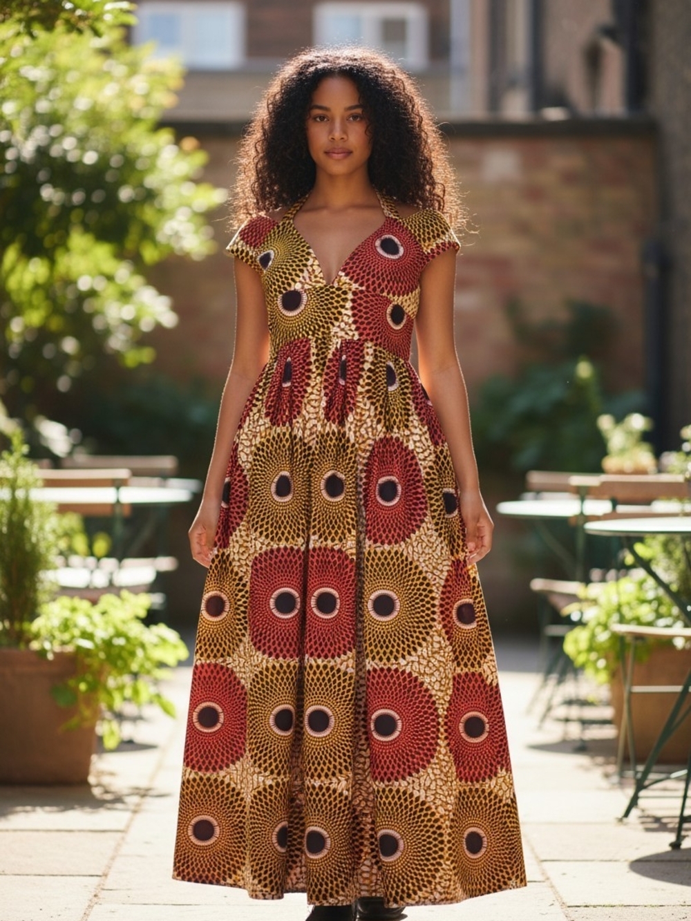 Cap-Sleeve African Print Maxi Dress in Red and Gold